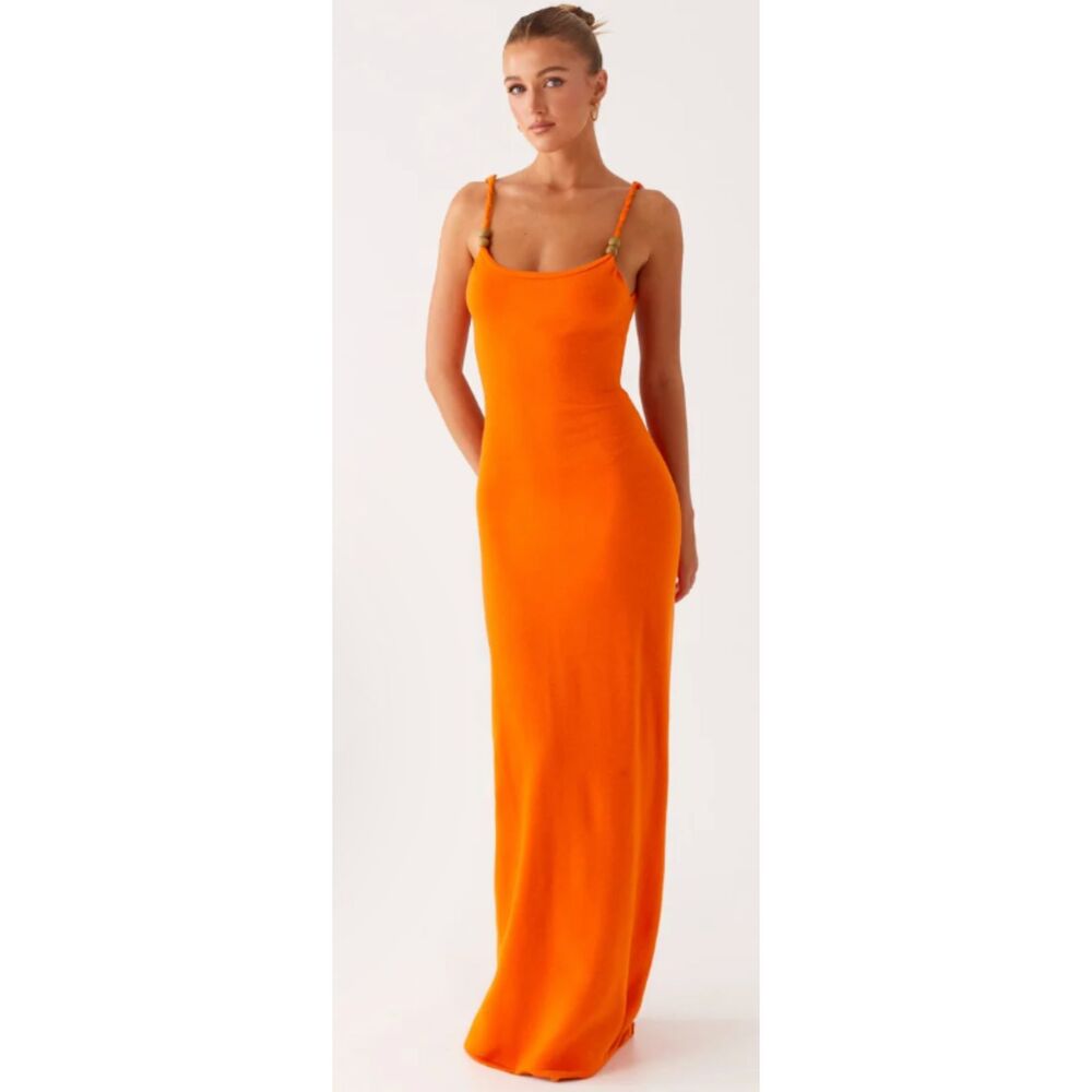 Peppermayo "Elaina" Knit Backless Maxi Dress with Wood Beads